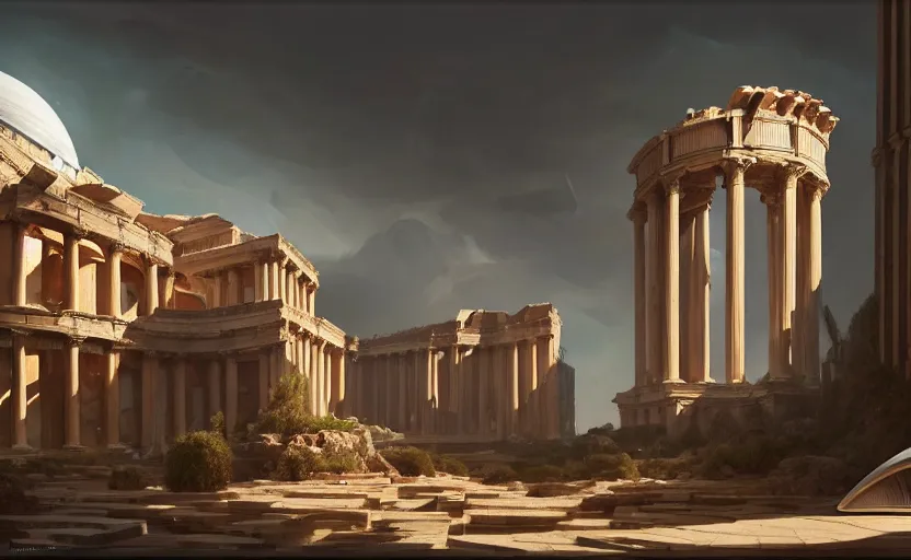 Image similar to exterior shot of utopian ancient roman architecture with cinematic lighting by zaha hadid peter zumthor and renzo piano and frank gehry, darek zabrocki and greg ruthkowski, simon stalenhag, cinematic, holy place, paradise, scifi, futurism, atmospheric, concept art, artstation, trending on artstation