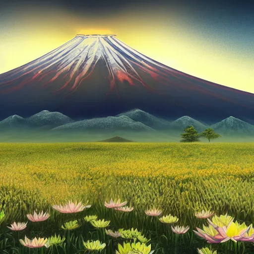 Image similar to a beautiful and detailed picture of mount fuji surrounded by a field of black lotus flowers with petals in a fibonacci sequence, in the style of magic the gathering, highly detailed, digital painting, god rays, volumetric lighting, octane render, 4 k resolution, art by adam paquette and johann bodin and jason rainville
