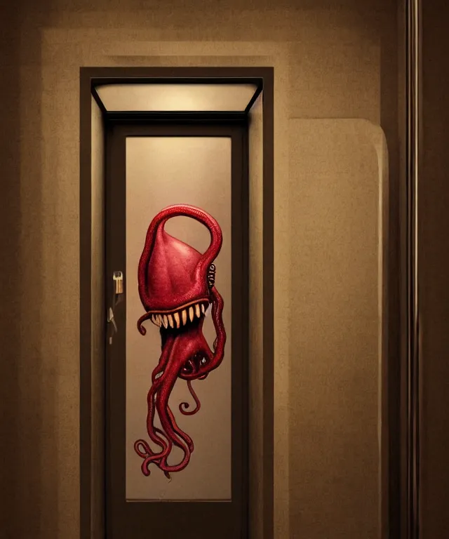 Image similar to horrifying photorealistic image of a 1 9 2 5 hotel elevator lobby, elevator doors look like a mouth, with a tentacle - shaped tongue, licking out, full color, dark, atmospheric, brooding, smooth, finely detailed, cinematic, epic, in the style of lee gibbons