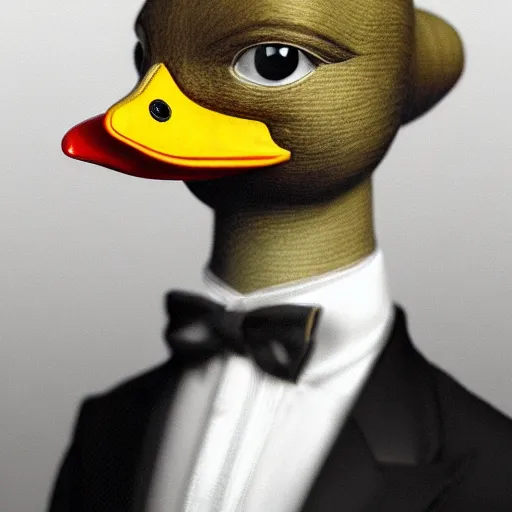 Image similar to a high detail photo of a man with a duck's head wearing a suit, photorealism