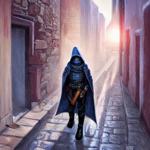 Prompt: a hooded rogue leads you down an alleyway, art, realistic, detailed, dnd, sunset