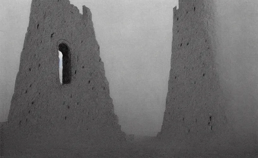 Image similar to close shot of a hellish monolith bursting out of the roof of a cathedral by Zdzisław Beksiński
