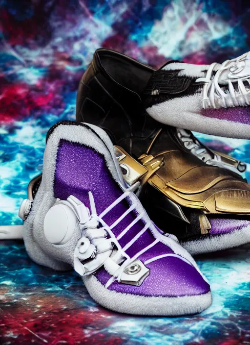 Image similar to hyperrealistic and heavy detailed product photo off white avant garde shoe of thanos ( marvel comics ), in front of white back drop, whole shoe is in picture, leica sl 2 5 0 mm, vivid color, high quality, high textured, real life