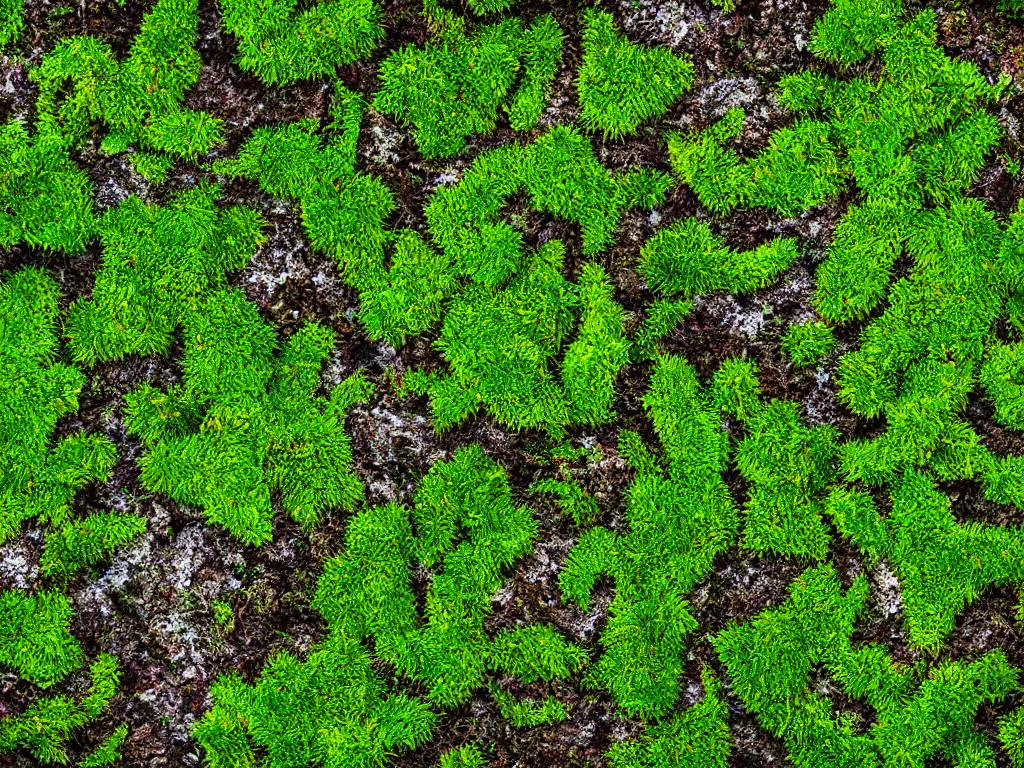 Image similar to a photorealistic painting with clouse-up moss, flora world, macro world