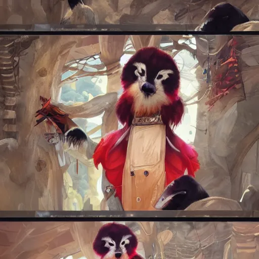 Image similar to anthropomorphic crow and red panda in a cafe, highly detailed, digital painting, artstation, concept art, smooth, sharp focus, illustration, art by artgerm and greg rutkowski and alphonse mucha