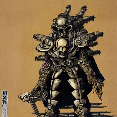 Image similar to still frame from Prometheus by Utagawa Kuniyoshi, lich king Dr doom in ornate bio cybernetic bone armour and skull mask helmet in hells bioship by Wayne Barlowe by peter Mohrbacher by Giger, dressed by Alexander McQueen and by Neri Oxman, metal couture hate couture editorial