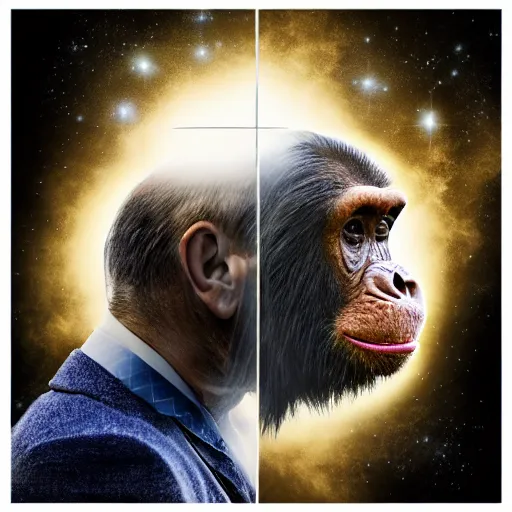 Image similar to double exposure portrait split in the middle, showcasing one astronaut and one chimpanzee in a suit posing with space in the background, pencil art, high definition, dynamic lighting stars, sharpness, golden ratio