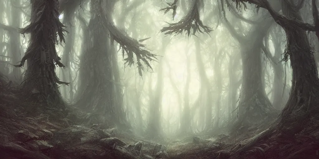 Image similar to mysterious forest, in the style of john howe and greg rutkowski, artstation