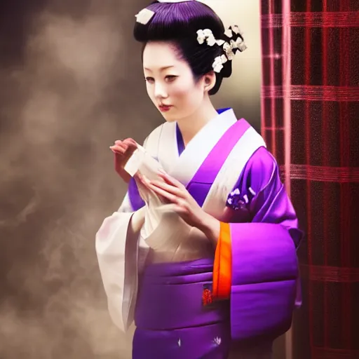 Image similar to Japanese geisha with beautiful violet paper fan, 4k photography, 30 mm lens, cinematic light, warm atmosphere, in style of Kar Wai Wong, cigarette smoke trail