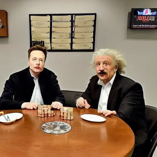 Prompt: photo of elon musk and albert einstein sitting next to each other at a table with stacks of dogecoin