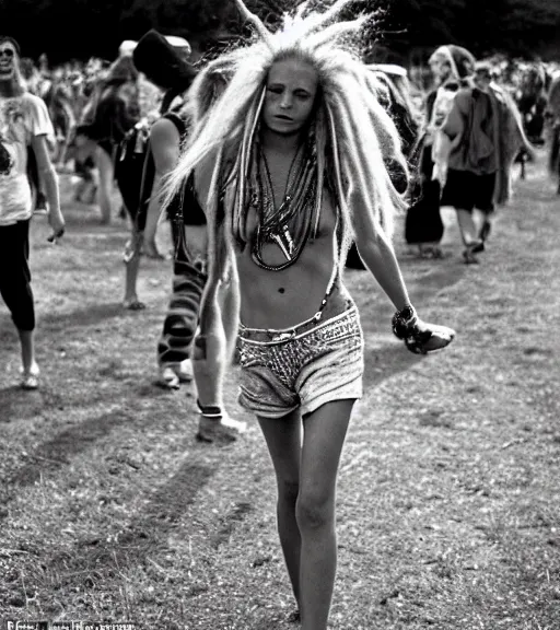 Image similar to portrait of a stunningly beautiful hippie woman with blonde dreadlocks walking in a music festival, by bruce davidson