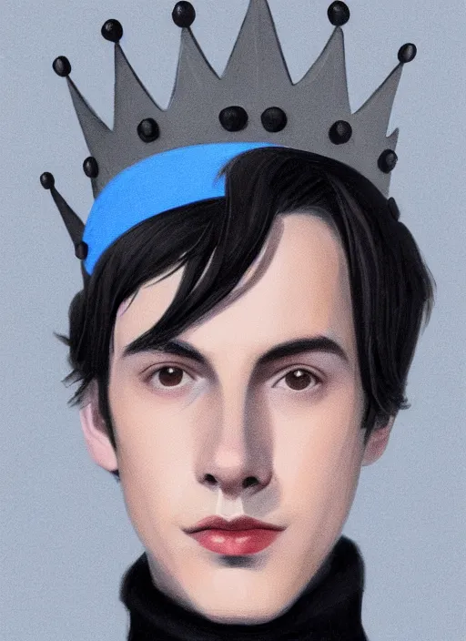 Image similar to portrait of teenage jughead jones wearing a light grey crown, crown, blue turtleneck, 1 9 5 0 s, closed eyes, photorealistic, black hair, glowing lighting, intricate, elegant, glowing lights, highly detailed, digital painting, artstation, concept art, smooth, sharp focus, illustration, art by wlop, mars ravelo and greg rutkowski