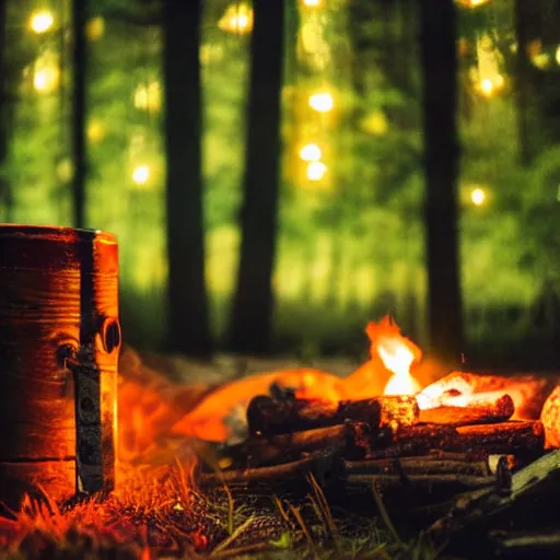 Image similar to cabin in the woods at night, campfire, lens blur, fireflies