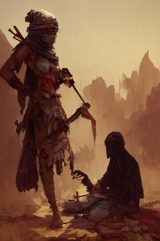 Image similar to a full body portrait of a beautiful post apocalyptic offworld rogues quarter bedouin blind pulp fiction scarlet wild rogue barbarian leper begging by the roadside, intricate, elegant, highly detailed, digital painting, artstation, concept art, smooth, sharp focus, illustration, art by krenz cushart and artem demura and alphonse mucha