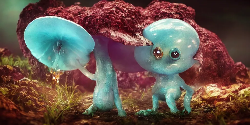 Image similar to a octane render of a very cute aquamarine mushroom monster hollywood style, by waya steurbaut entertainment, dark, intricate, highly detailed, smooth, artstation, high resolution film render 100k, photo realistic style, epic, colourful, close up shot, 3D