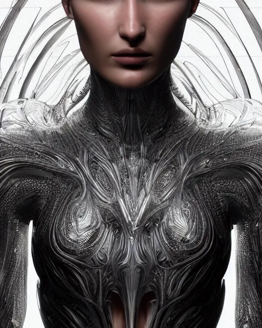 Image similar to a highly detailed metahuman 8 k close up render of bella hadid in iris van herpen dress in style of alex grey trending on artstation made in unreal engine 4