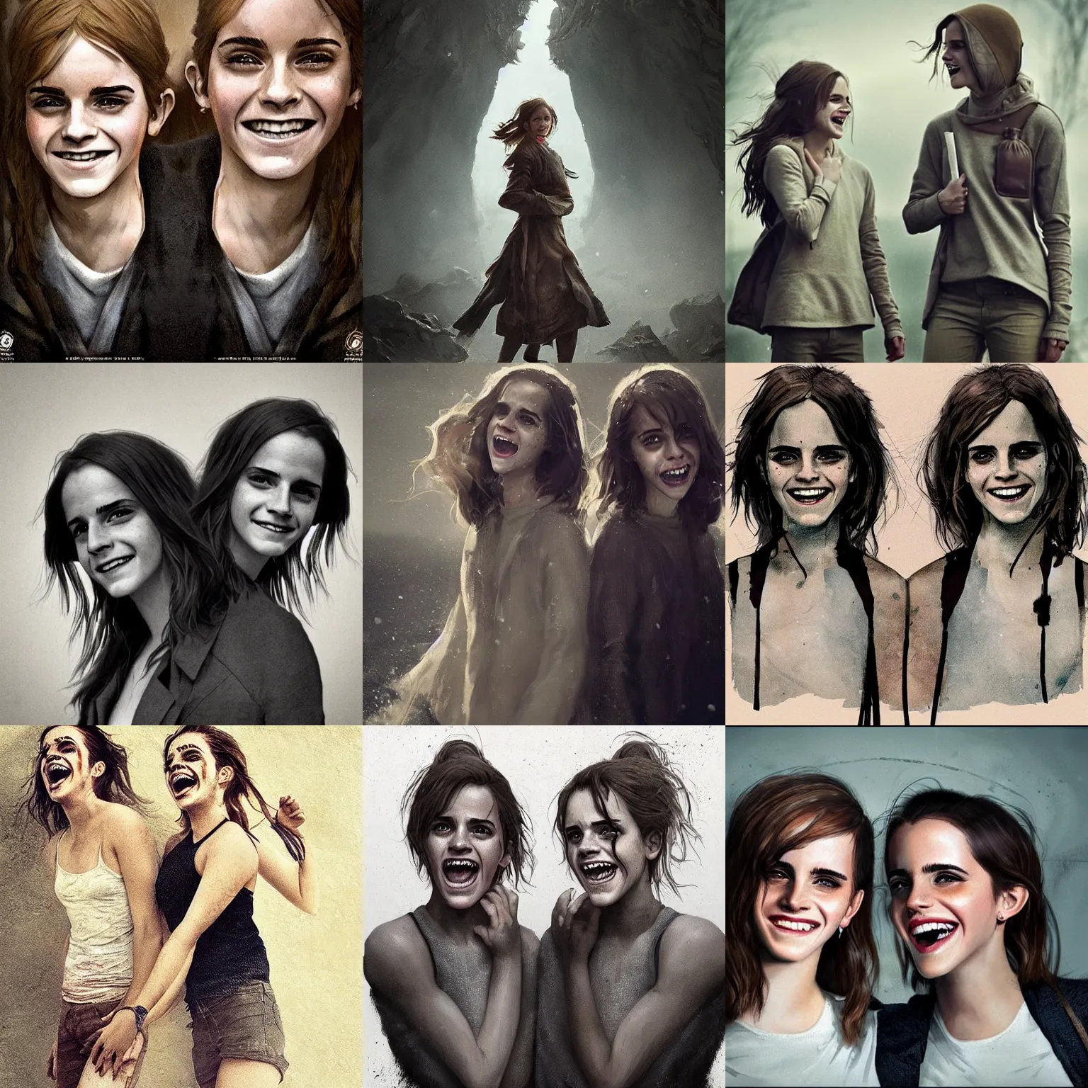 Prompt: emma watson identical twins laughing greg rutkowski!!! greg rutkowski!!! gfx 1 0 0 david bailey david bailey