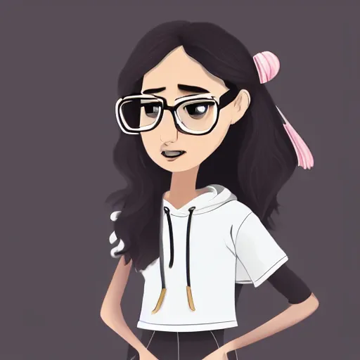 Prompt: a very beautiful girl with # e 0 a 3 7 a skin color, long, puffy hair, stylistic oval black eyes, half - frame square glasses, grey hoodie opened, white t - shirt, white gloves, denim jacket, birkenstock sandals, cartoon style, character art, cute, digital art, trending on artstation