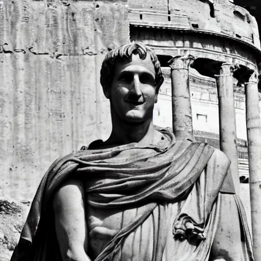 Prompt: Recovered photo of julius caesar taken in front of the roman forum. He has a cheesy grin. Sepia. Small tears on edge and creased.