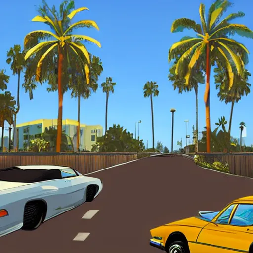 Image similar to Bill Murry in GTA V. Los Santos in the background, palm trees. In the art style of Stephen Bliss