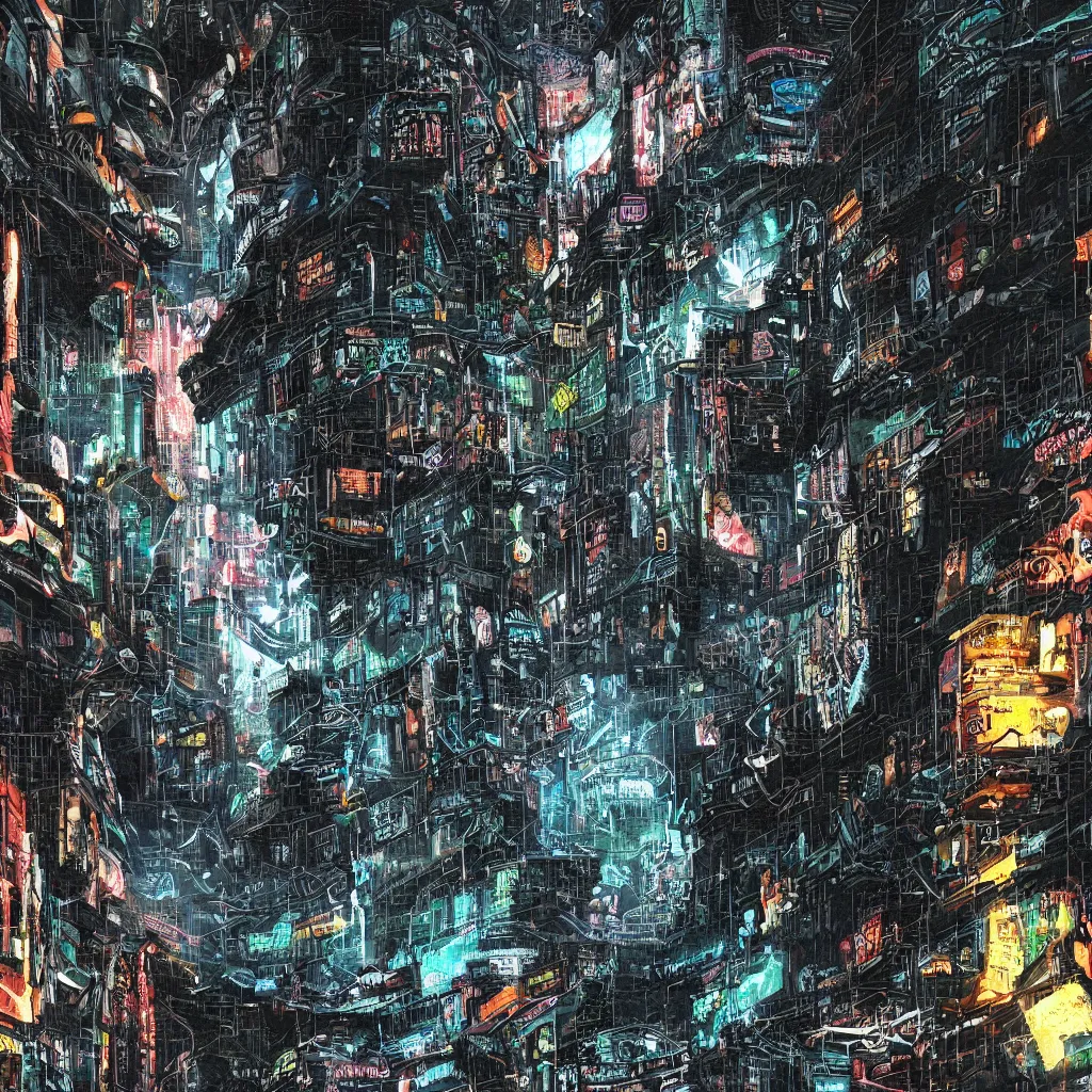 Image similar to a cave painting of a cyberpunk cave