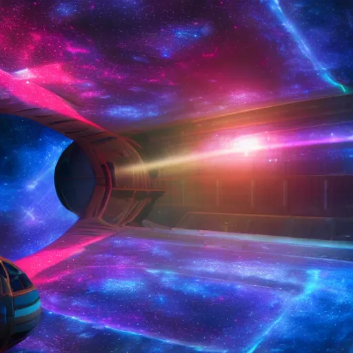 Prompt: 8 k hd detailed octane render of a spaceship corridor with a colorful nebula outside the window