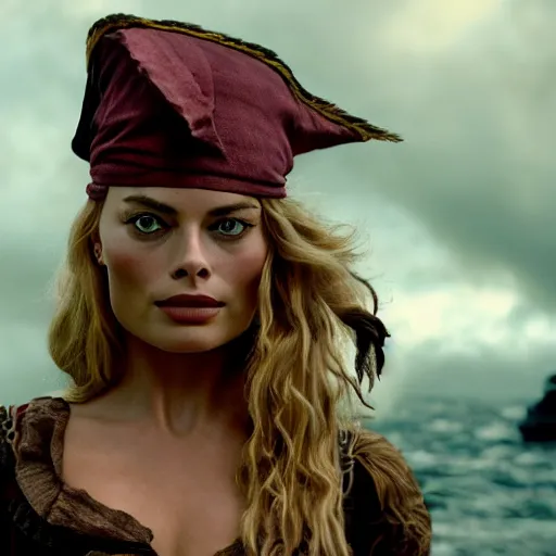 Image similar to stunning awe inspiring margot robbie as a pirate in pirates of the caribbean, movie still 8 k hdr atmospheric lighting