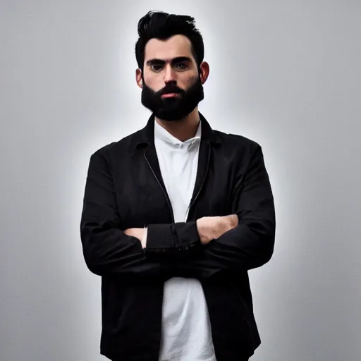 Image similar to a man with black hair and beard, wearing a black jacket, white shirt and jeans, standing in a dimly lit room, looking confused, vivid colors, soft lighting, atmospheric, cinematic, moody, oil on canvas, 8 k