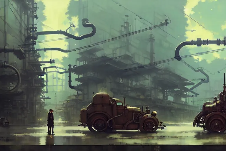 Prompt: dieselpunk, lots of pipes, monitors, machines, painted by greg rutkowski makoto shinkai takashi takeuchi studio ghibli, akihiko yoshida