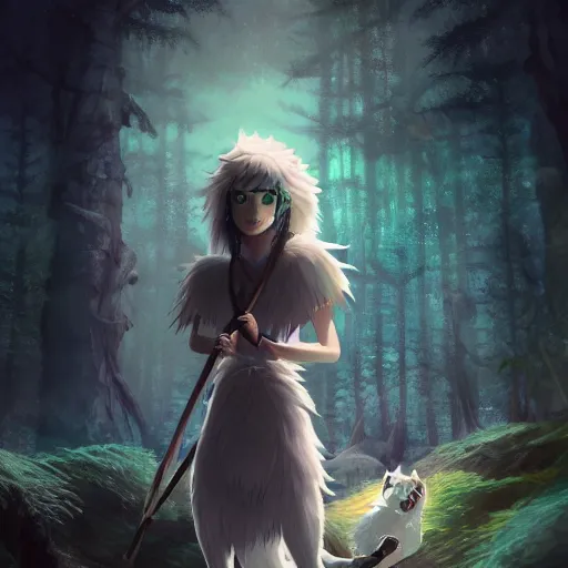 Image similar to Princess Mononoke holding a spear, standing next to Moro the white wolf, in a bioluminescent forest at night, close up portrait by loish and WLOP, octane render, dark fantasy, trending on ArtStation