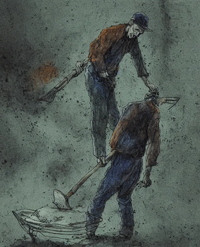 Prompt: a mournful man with a shovel standing digging up a dead body in it, subtle blue, orange, and dark green tones, high quality, high detail, dark colors, sinister atmosphere, dramatic lighting, cinematic, establishing shot, extremely high detail, photo realistic, cinematic lighting, pen and ink, intricate line drawings, by Yoshitaka Amano, Ruan Jia, Kentaro Miura, Artgerm, post processed, concept art, artstation, matte painting, style by eddie mendoza, raphael lacoste, alex ross