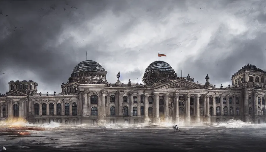 Image similar to reichstag building hit by a tsunami, hyperdetailed, artstation, cgsociety, 8 k