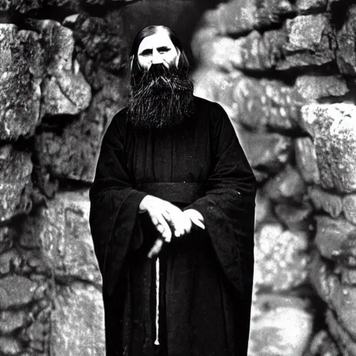 Image similar to photo of breton monks looking like rasputin, with a goat