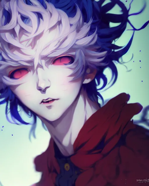 Image similar to extremely attractive soft feminine male jester anime character screenshot, nagito komaeda, anime, intricate, sharp focus, illustration, highly detailed, digital painting, cell shaded, concept art, matte, male art by ilya kuvshinov and kyoto animation and wlop, ruan jia and greg rutkowski, studio quality, masterpiece