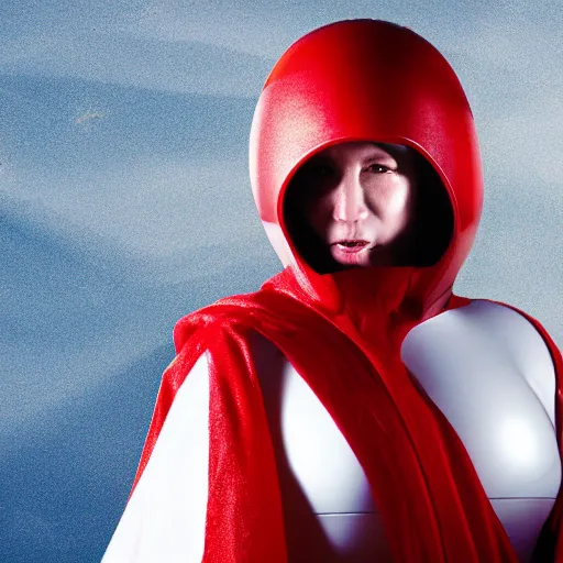 Image similar to headshot of a athletic female soldier in glossy sleek white armor with tiny red details and a long red cape, heroic posture, determined expression, shouting, on the surface of mars, night time, dramatic lighting, cinematic, sci-fi, hyperrealistic