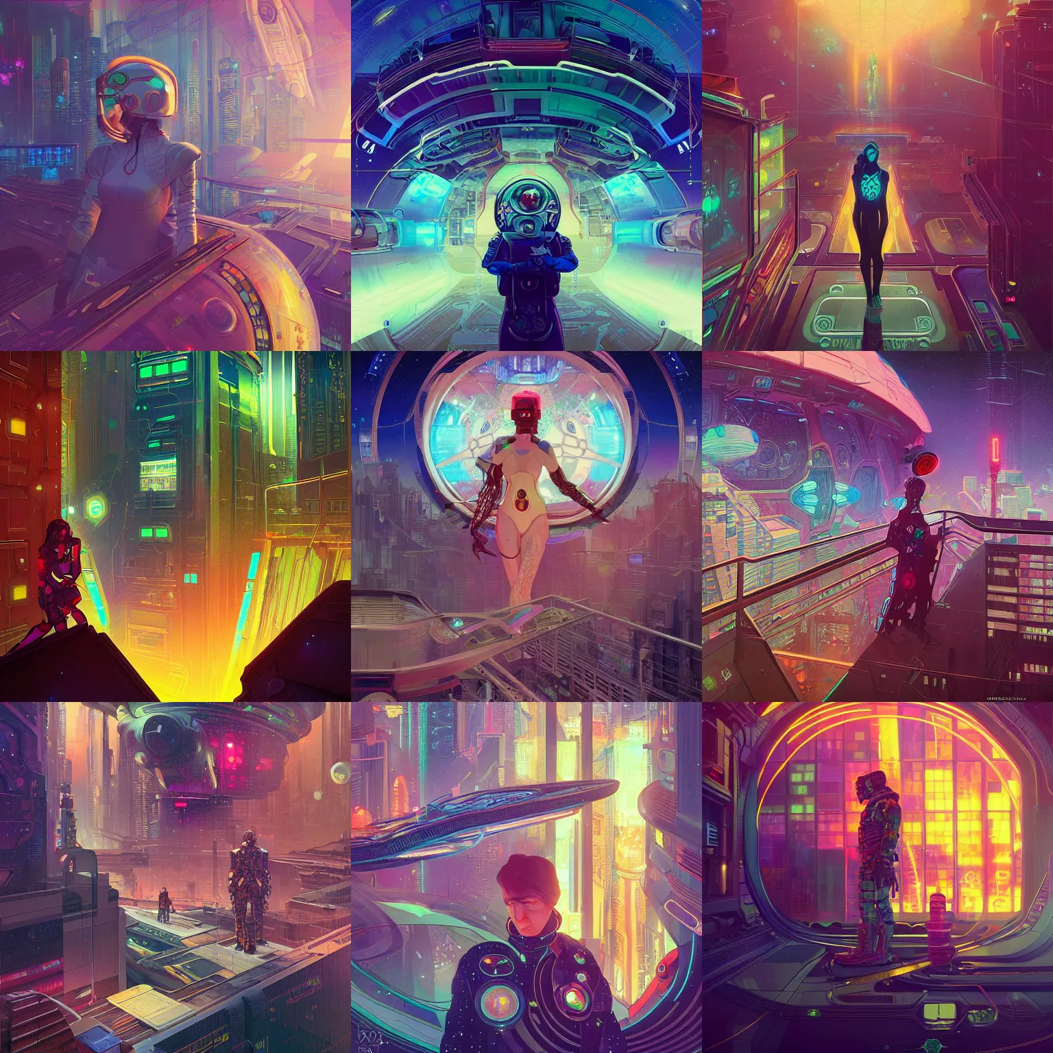 Prompt: cyberpunk space explorer. neon lit rooftop. intricate oil painting. unreal engine, artstation. alphonse mucha, chris mars, victo ngai