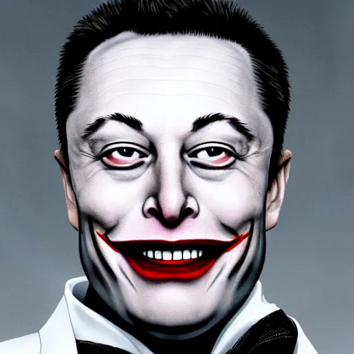 Image similar to elon musk as joker, highly detailed face, 8 k, 3 5 mm film