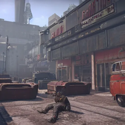 Image similar to promotional screenshot of fallout videogame set in london