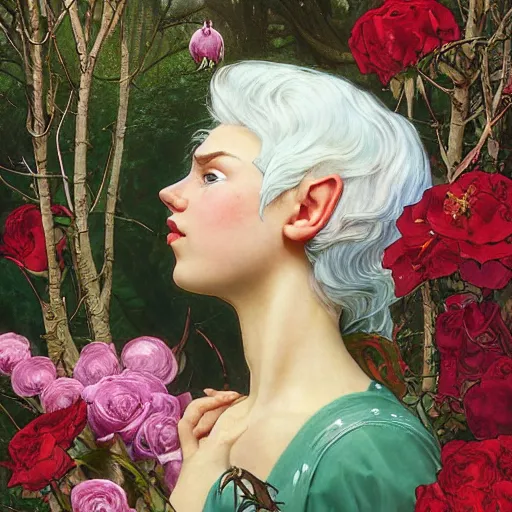 Prompt: profile portrait of a young fantasy elf princess, head only, headshot, royalty, surrounded by thorns and roses, white hair, light skin, mouth slightly open, thorn border, thorn background. by Stanley Artgerm Lau , greg rutkowski, thomas kindkade, alphonse mucha, loish, norman rockwell, J. C. Leyendecker. D&D, fantasy. Trending on artstation rule of thirds, detailed illustration, detailed lighting hd 4k