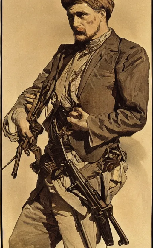 Image similar to portrait of John Brown holding a rifle, lithograph by Alphonse Mucha