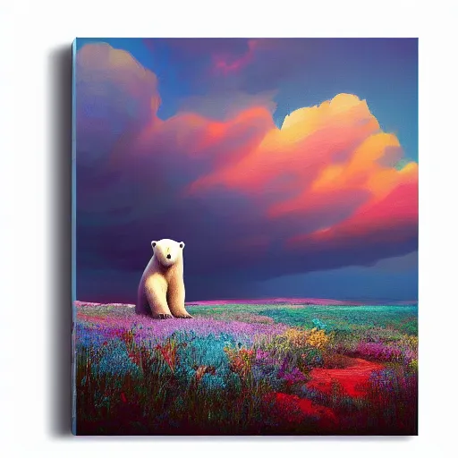 Image similar to a polar bear, surreal photography, flower field, sunset dramatic light, impressionist painting, colorful clouds, blue sky, digital painting, artstation, simon stalenhag
