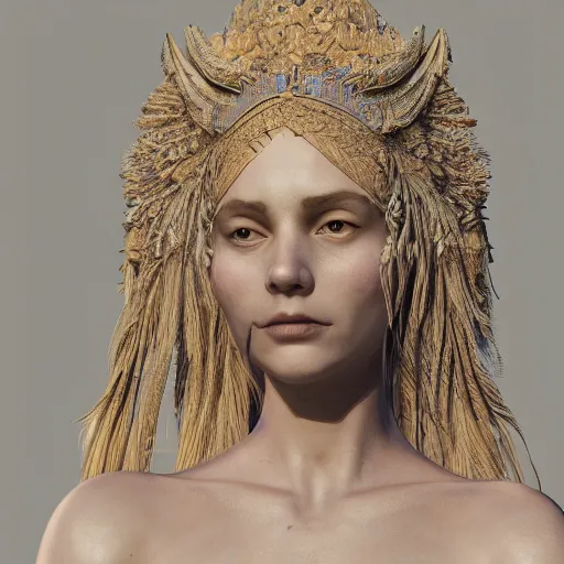 Image similar to a portrait of beautiful goddess, ornated, haunting, headpiece, highly detailed, intricate deaign, organic, hyperrealism, photorealistic, render in octane, unreal engine, 4 k