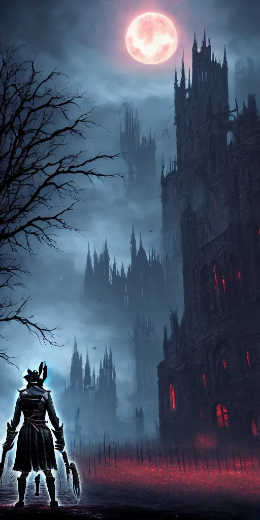 Image similar to abandoned bloodborne old valley with a person at the centre and a ruined gothic city at the emd, trees and stars in the background, phantoms in the sky, falling red petals, epic red - orange moonlight, perfect lightning, wallpaper illustration by niko delort and kentaro miura, 4 k, ultra realistic