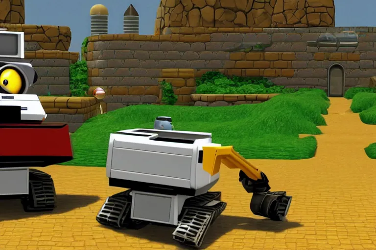 Image similar to wall - e in super mario 6 4, heavy detailed, ultra high definition quality, super mario 6 4 game engine graphics