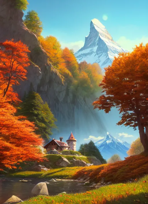 Prompt: a wholesome animation key shot, castle in the middle, swiss alps ( matterhorn ) in the background, autumn foliage in the foreground, studio ghibli, pixar and disney animation, sharp, rendered in unreal engine 5, anime key art by greg rutkowski, bloom, dramatic lighting