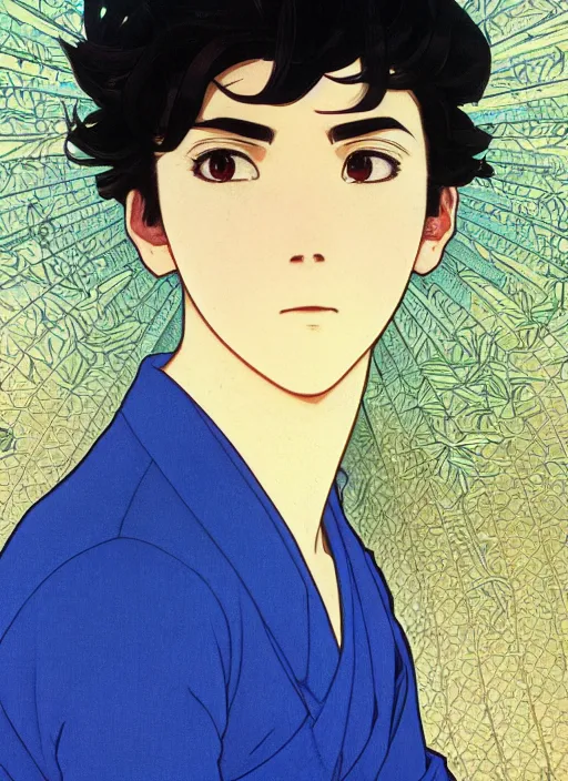 Prompt: handsome young man with short black hair, male, dressed in blue, looking down, half body shot, arms down, path traced, highly detailed, high quality, digital painting, by studio ghibli and alphonse mucha, hidari, art nouveau