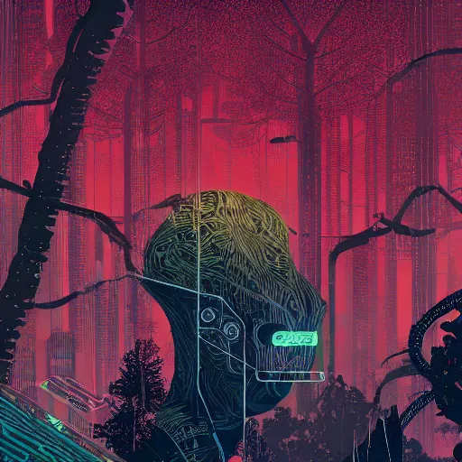 Prompt: Stunningly intricate portrait illustration of a single cyberpunk explorer overlooking a lush forest, highly detailed, midnight, by Victo Ngai and James Gilleard , Moebius, Laurie Greasley