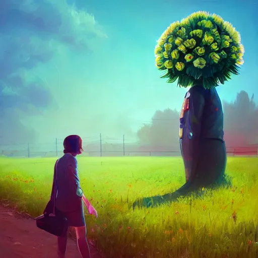 Image similar to giant carnation flower head, girl in a suit, on a path, surreal photography, sunrise, dramatic light, impressionist painting, digital painting, artstation, simon stalenhag