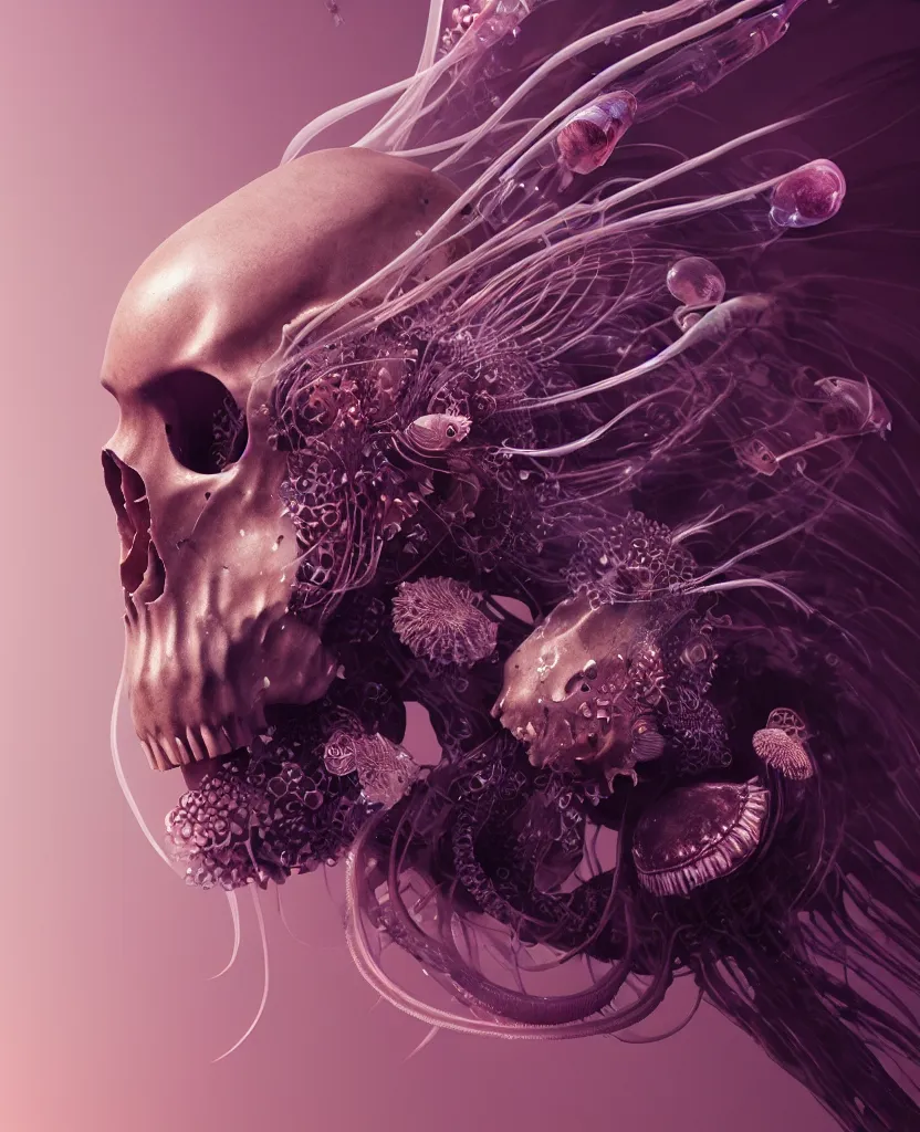 Image similar to goddess close-up portrait animal skull. jellyfish phoenix head, nautilus, orchid, skull, betta fish, bioluminiscent creatures, intricate artwork by Tooth Wu and wlop and beeple. octane render, trending on artstation, greg rutkowski very coherent symmetrical artwork. cinematic, hyper realism, high detail, octane render, 8k