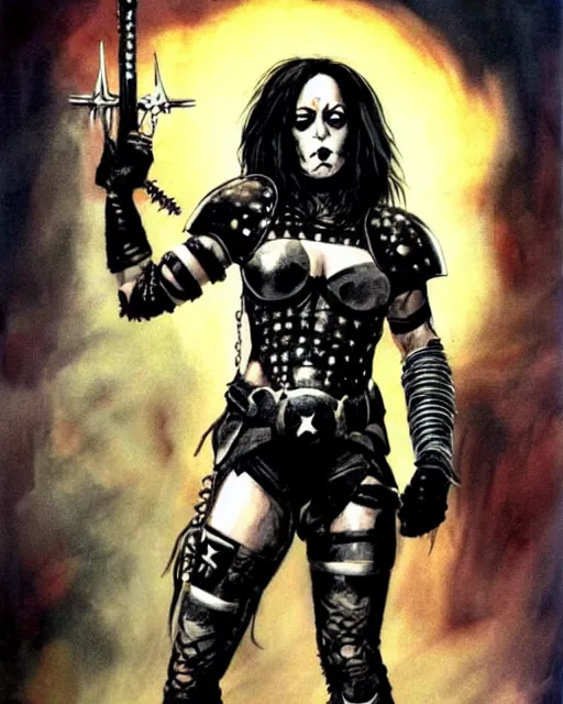 Image similar to portrait of kamala harris as a skinny punk goth soldier wearing armor by simon bisley, john blance, frank frazetta, fantasy, barbarian